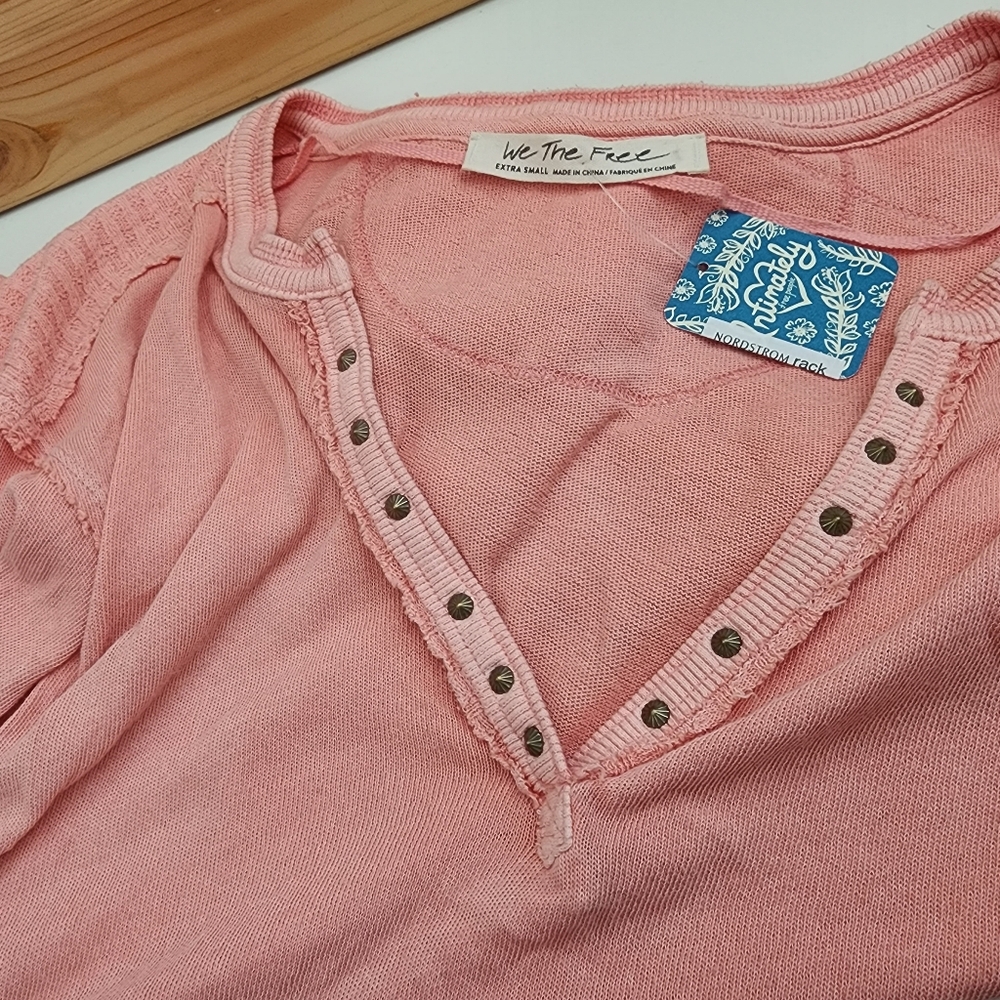 Free People 100% Cotton Studded Henley V Neck Top,Peach/Pink color, XS, NWT - Picture 9 of 13